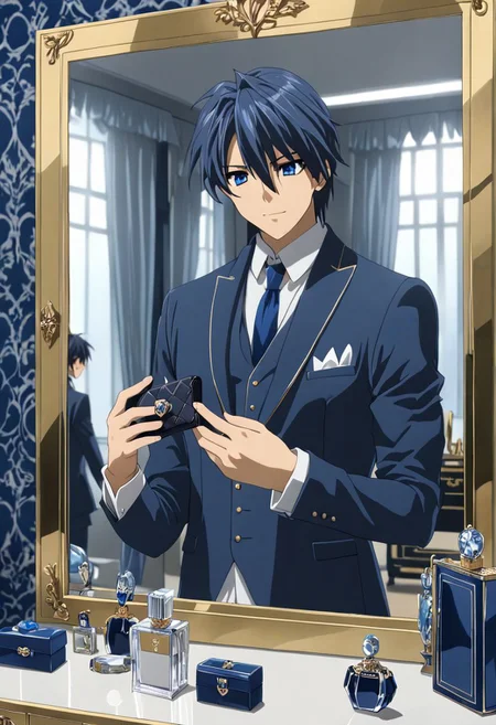 Anime Style, easynegative, detailed_eye_model, Highres, Masterpiece, High Quality, 4K, 8K, solo, 1boy, Tomoya Okazaki, Deep Blue Eyes, Grey Blue Hair, room, mirror, focus, selfies, looking in the mirror, arrogant, confident, tuxedo, standing in front of the mirror, satisfied smile, jewelry, wallet, perfume, luxury goods