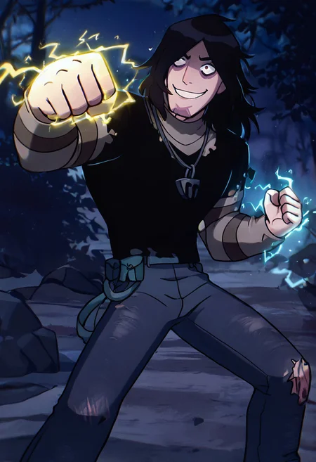 masterpiece, best quality, amazing quality, very aesthetic, absurdres, newest,
kevinov, black hair, bags under eyes, long hair, black eyes, necklace, goatee, layered sleeves, black shirt, long sleeves, short over long sleeves, torn clothes, striped sleeves, jeans, overall belt, 
dynamic pose, electricity hands, constricted pupils, insane smile, rtx, night time, glowing electricity, blue electricity, yellow electricity, punching,