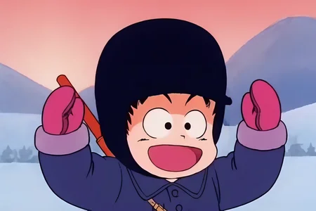 source_anime, score_9, score_8_up, score_7_up, anime screencap,8k, absurd res, son goku, solo, smile, open mouth, black hair, 1boy, fur hat, upper body, male focus, sky, black eyes, coat, winter clothes, red mittens, male child, 1980s \(style\), chibi, arms up, blue coat, nyoibo, weapon on back, retro artstyle
<lora:gokudb_pony_v3:0.8>