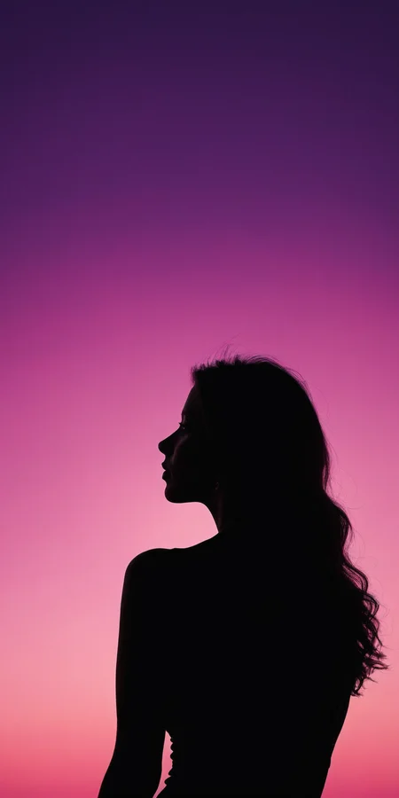 Woman's back,silhouette,pink and purple sky,sunset,serene,warm,surrealism style,high contrast,high definition photography,<lora:HMSGåªå½±XL-000001:0.8>,