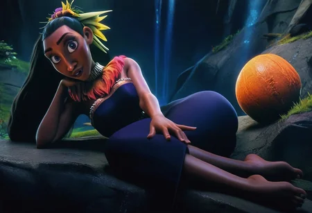 Matangi, Disney, score_9, score_8_up, score_7_up, solo, long black hair, dark skinned female, cave, side view, 3d, purple irises eyes, 1woman, holding on cliff, dark-colored dress, orange feathered scrunchy, Collar, yellow and orange hairpiece, looking at viewer, seductive, full body, laying on side, on ground