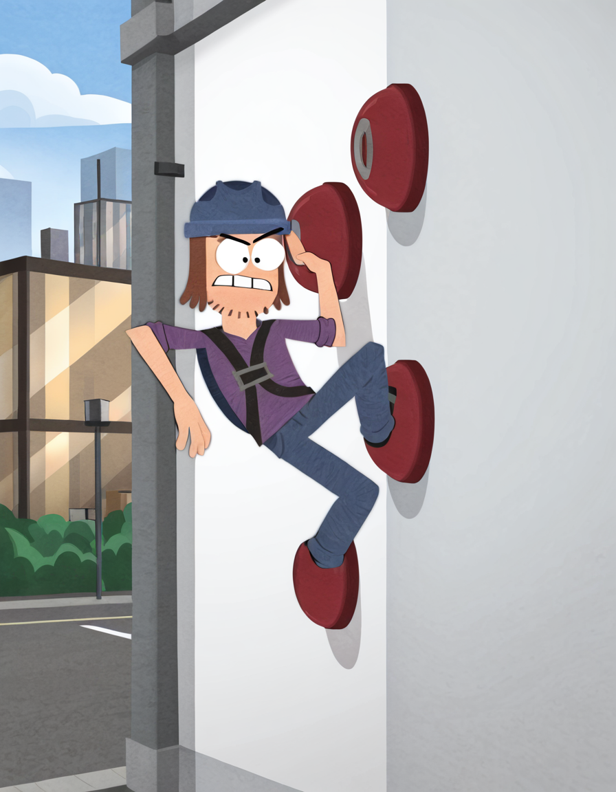 <lora:SuctionCupMan_Illust:1> SuctionCupMan, suction cup, climbing a wall, building