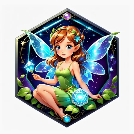 a hexagon with a fairy , vector, <lora:badgemkrsdxl:0.9>, best quality, badgemkrsdxl, white background,fantasy, beautiful, cute, magical, badge