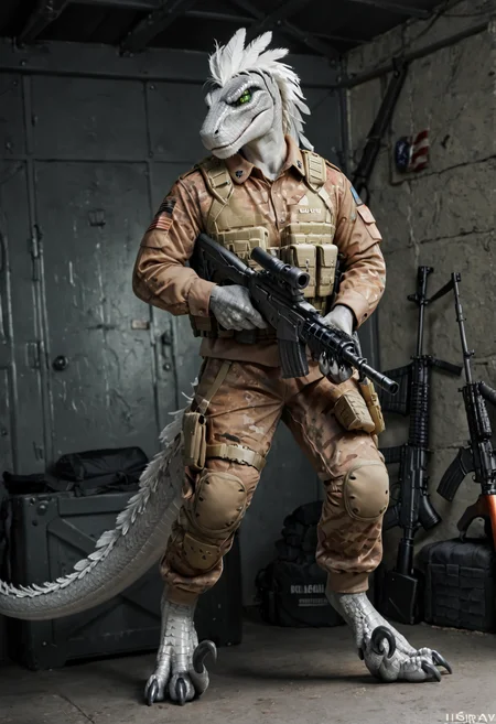 score_9, score_8_up, score_7_up, score_6_up, source_furry, a male anthro velociraptor holding a rifle in a soldier uniform, (anthro, velociraptor, dromaeosaurid), theropod, reptile, scalie, dinosaur, white hair, feather hair, clothed, furgonomics, military uniform, uniform, topwear, bottomwear, camo, detailed background, hangar, tail, angry, angry expression, expressive, (male), solo, high quality, pose, scales, detailed scales, grey scales, light green markings, realistic scales, 25 years old, (detailed eyes, brown eyes), highly detailed, beautiful, photorealistic, photorealism, photo, dslr, realistic, <lora:Furry Enhancer V5.2:0.5>, snout, claws, clawed fingers, <lora:Raptors_LoRA_v2:0.7>, (digitigrade), toe claws, sickle claws, <lora:add-detail-xl:0.5>, silgiriya mantsugosi, feathers, white feathers, feathered tail, rifle, assault rifle, ranged weapon, weapon, tactical gear, dutch angle