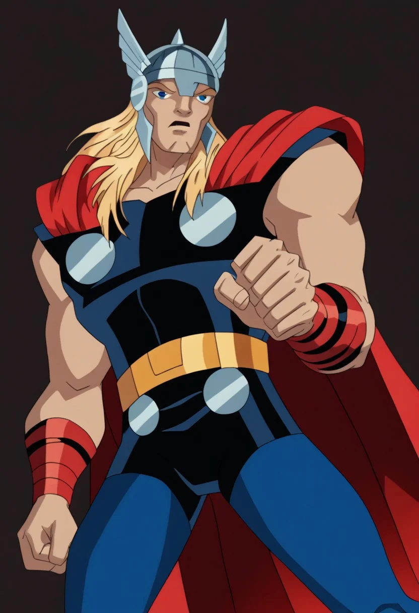 score_9, score_8_up, score_7_up, 2zdxxps, animated screencap, 1male, solo, adult, th1or03, blonde hair, long hair, blue eyes, silver helmet, black unitard, sleeveless, metal circles on chest, red cape, red bracelets, golden belt, blue leggings, golden boots, dynamic pose, action pose, ((anime, animated))), simple background, solid white background, full body shot,