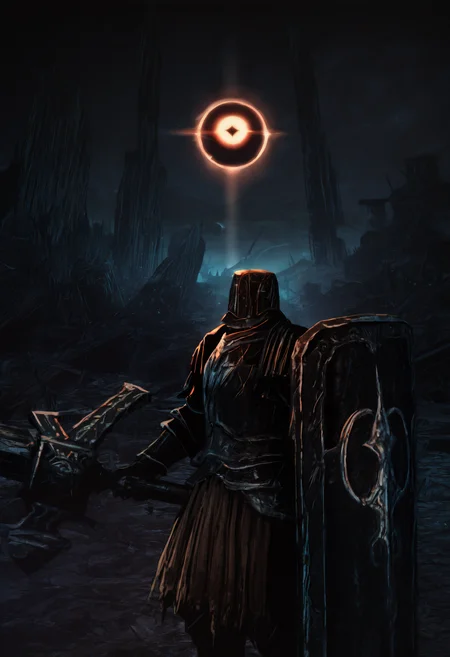 masterpiece, best quality, newest, absurdres, highres, outdoors, night, ambiguous gender, solo, dsbit, black helmet, black armor, black breastplate, black Pauldrons, black Cuirass, black Gauntlets, tunic under armor, black Greaves, black Greaves, holding sword, holding shield, cowboy shot, <lora:Black_Iron_Tarkus_Illustrious-000009:1> <lora:PSH_Epsilon:1> , fantasy, surreal landscape, dark theme, light particles, sunbeam, eclipse, ruins, wide shot, backlighting, solar eclipse, epic