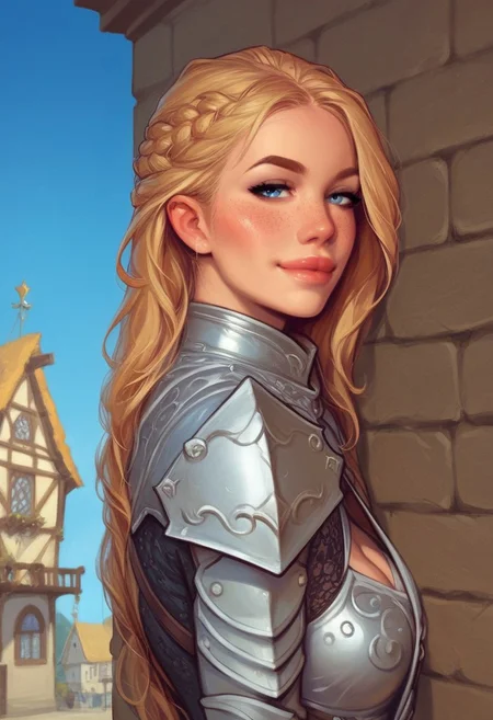 1girl, (((side view))), illustration, looking at viewer, highly detailed, source_comic_illustration, from front, 1girl, illustration, comic style, looking at viewer, highly detailed, source_comic_illustration, skinny, looking at viewer, 1girl, masterpiece, best quality, <lora:Evie_Frye_pxl:1> score_9, score_8_up, score_7_up, score_6_up, score_5_up, score_4_up, source_photo, source_real, 1girl, solo, long hair, breasts, ((gatekeeper clothes)), looking at viewer, blonde_hair, ((knight, hood,)), cleavage, closed mouth, blue eyes, guards armor, eyelashes, ((leather armor)), freckles, realistic, nose, designer dress,
BREAK
tired smile, looking at viewer,
BREAK
best quality, depth of field, bokeh, (((full clothed))), (best quality, high detail), ((masterpiece)), ((((holdind big sword in hands)))), <lora:1_ino_20e:1>
BREAK
((((((blue sky, town, sity)))))) score_9, score_8_up, score_7_up, score_6_up, source_cartoon, rating_explicit, Expressiveh, (((((upper body))))), dynamic pose
