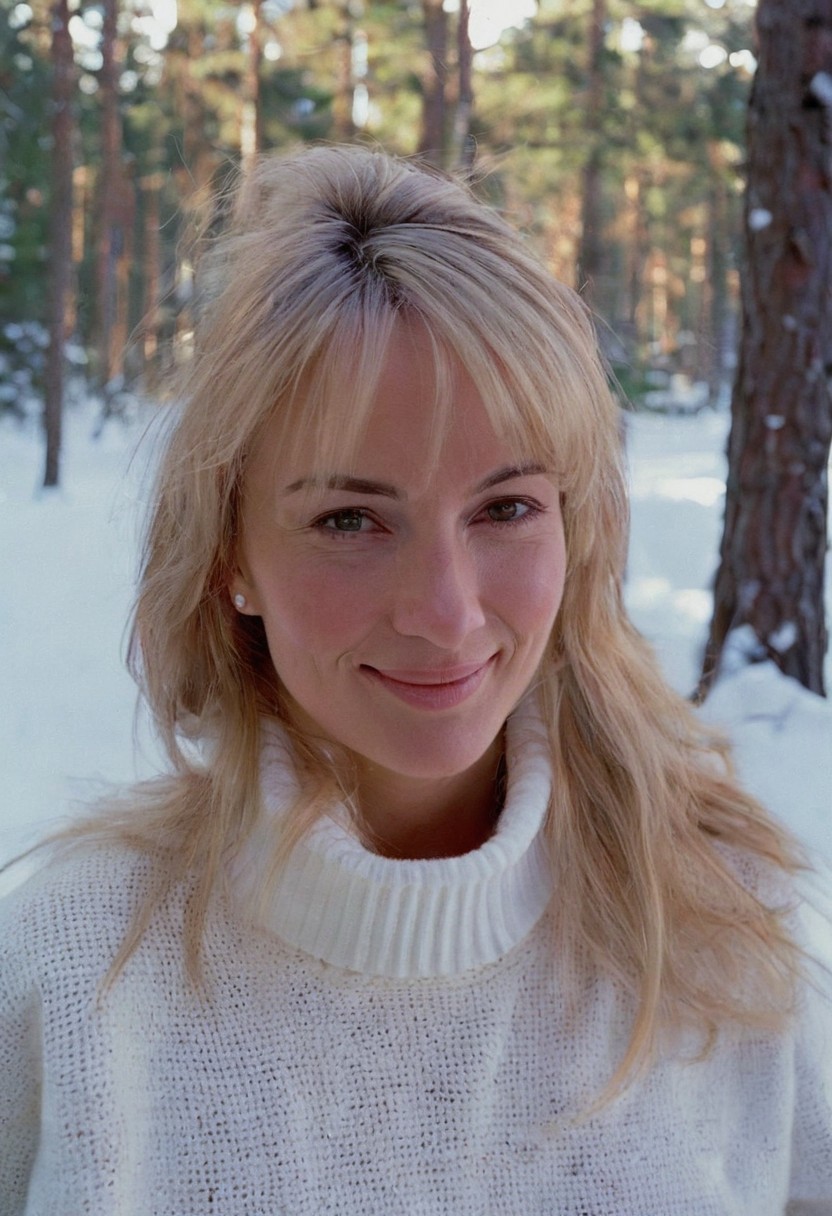 The 1990s, A candid photo, a female, with blonde hair, wearing a white sweater, slight smile, closeup, in a snowy pine forest, Christmas, (soft lighting):1.2, film grain, sharp shadows, Samsung shot, atmospheric