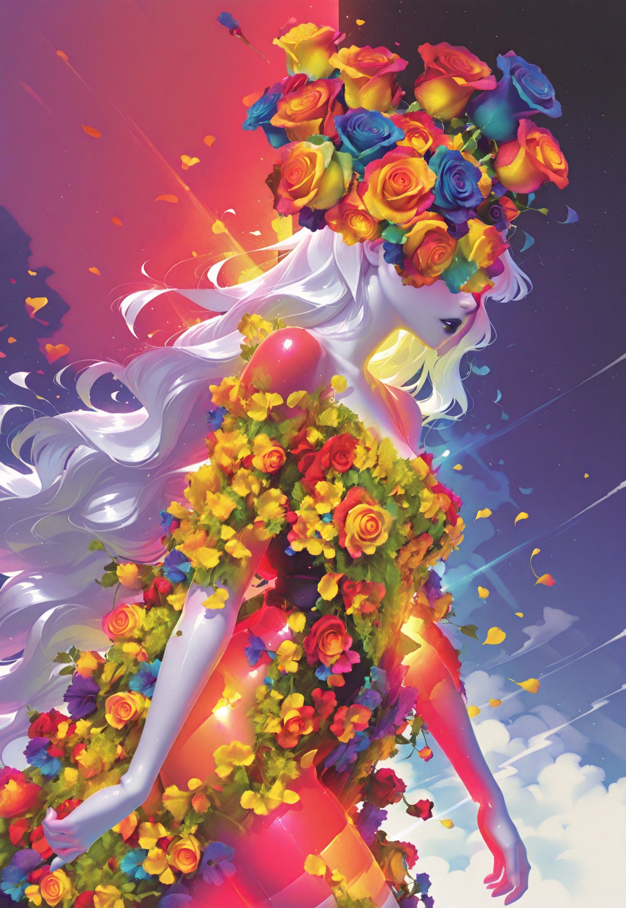 (IG-Illu, thermogram), from side, walking, solo, pale skin, lipstick, parted lips, rose, midsummer dress, mayqueen headdress, flowers over eyes, wind, petals, rose, very long hair, white hair, split theme, split background, masterpiece, best quality, absurdres