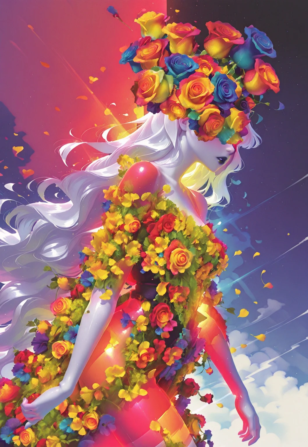 (IG-Illu, thermogram), from side, walking, solo, pale skin, lipstick, parted lips, rose, midsummer dress, mayqueen headdress, flowers over eyes, wind, petals, rose, very long hair, white hair, split theme, split background, masterpiece, best quality, absurdres