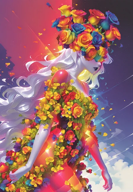 (IG-Illu, thermogram), from side, walking, solo, pale skin, lipstick, parted lips, rose, midsummer dress, mayqueen headdress, flowers over eyes, wind, petals, rose, very long hair, white hair, split theme, split background, masterpiece, best quality, absurdres