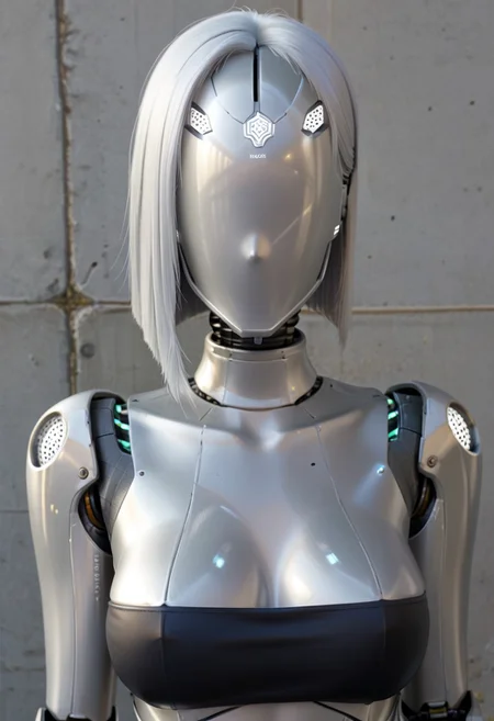 A 35mm photo of a beautiful robotic woman, she has a faceless robotic head, robot, silver hair, smooth dark grey metallic featureless feminine body
no face