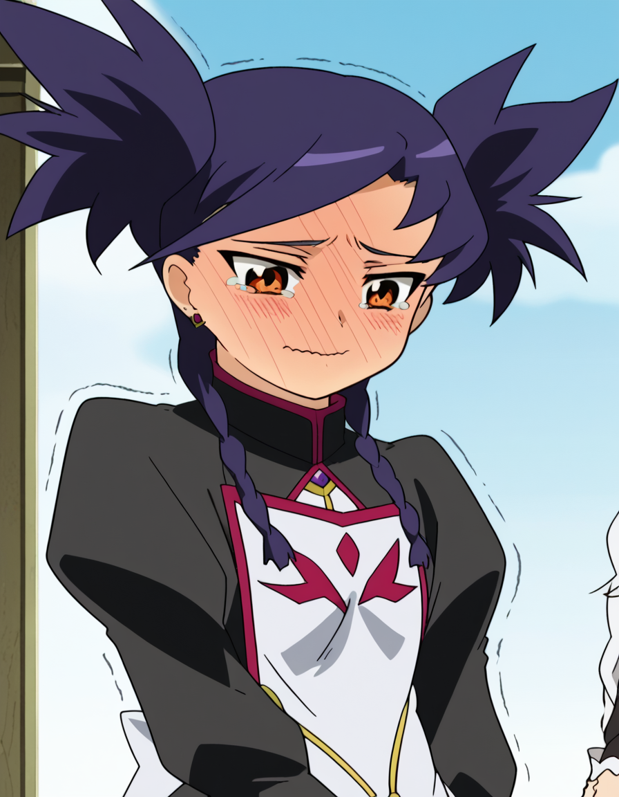 score_9, score_8_up, score_7_up, source_anime, <lora:nina-wang-s1-ponyxl-lora-nochekaiser:1>, nina wang, bangs, twintails, purple hair, braid, twin braids, orange eyes, anime screencap,, long sleeves, dress, jewelry, earrings, puffy sleeves, black dress, juliet sleeves,, wheat field, golden, harvest, farming, open, , <lora:ijimeka-ponyxl-lora-nochekaiser:1> ijimeka, ijimeka (meme), meme, full-face blush, trembling, embarrassed, wavy mouth, tears, tearing up, blush, looking down, cowboy shot,, looking at viewer, solo,, dutch angle, cowboy shot