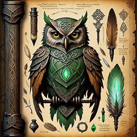 Irish fairy, Dungeons & Dragons character, (tattered parchment:1.2), detailed illustration, weathered leather armor, collection of (glowing vials and reagents:1.2), owl feather quill, (intricate Celtic knotwork:1.3), faded background