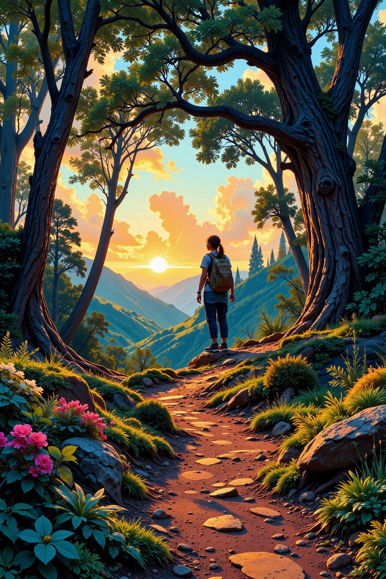 hiking trail beautiful  landscape, morning, woman, very intricate, very detailed, sharp, bright, colorful, <lora:Hand v2:0.5> <lora:Anti-Blur:1><lora:Insane Detail Slider:0.25>  <lora:flux.1_lora_flyway_Epic-detail_v2:0.3> <lora:fluxenhancer:0.25> <lora:Anime art - Variant 2:1>