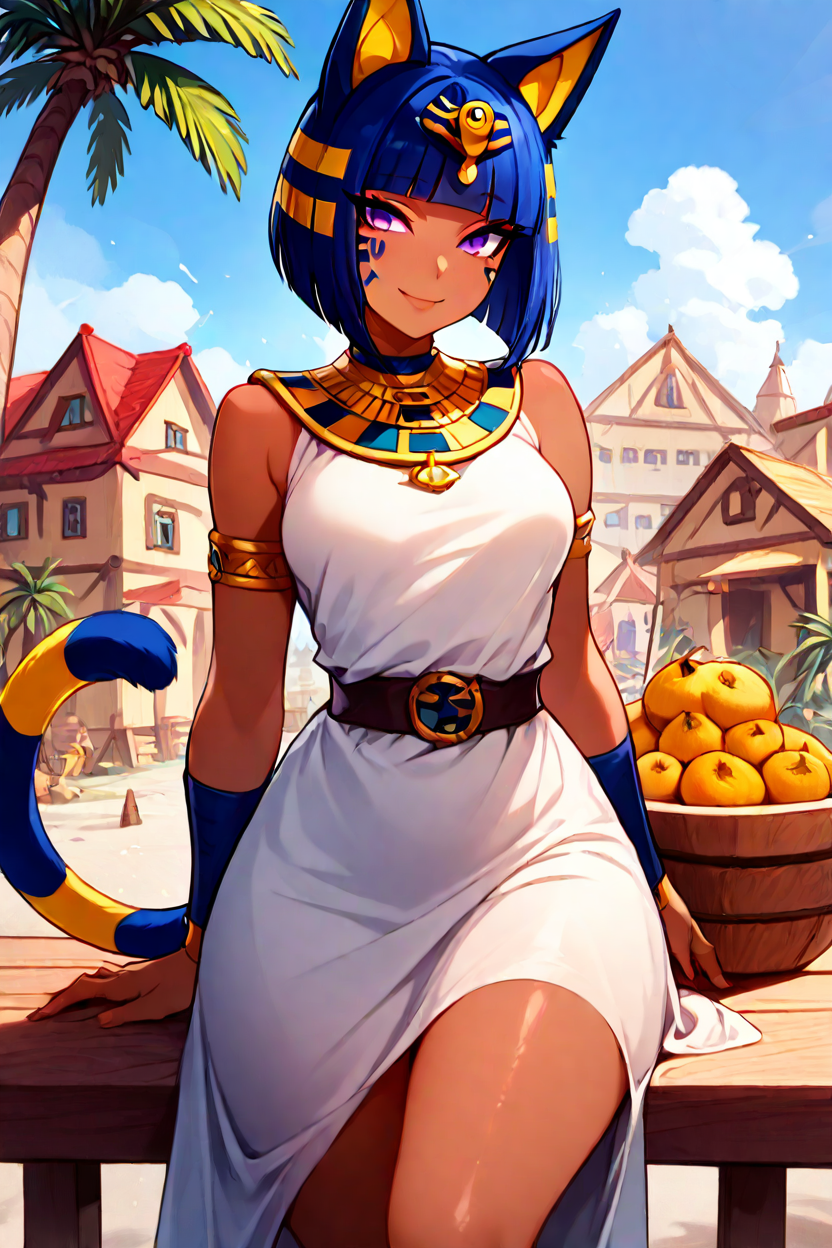masterpiece, best quality, absurdres, medium breasts, (curvy), cute, eyelashes,      vivid colors,   BREAK,  ,,, , ,,,    zzAnkha, animal crossing, animal ears, armlet, bare shoulders, belt, blonde hair, blue hair, blunt bangs, blunt ends, bob cut, cat ears, cat girl, cat tail, cropped, daniel deng, dark skin, dress, eye of horus, eyelashes, eyes visible through hair, facial tattoo, humanization, purple eyes, shiny skin, short hair, slit pupils, tattoo, usekh collar, white dress , <lora:AnkhaIXL:1.0>, ,,,   , ,,,   sitting on bench, side view, smile, looking at viewer, cowboy shot,  ,,,   zzDelfinoPlaza, sky, day, cloud, blue sky, building, palm tree,  small house, small fruit stand,  pineapples,  coconuts, <lora:Delfino_Plaza_SDXL_v2:0.8>, <lora:CatalystIXL:0.8>,