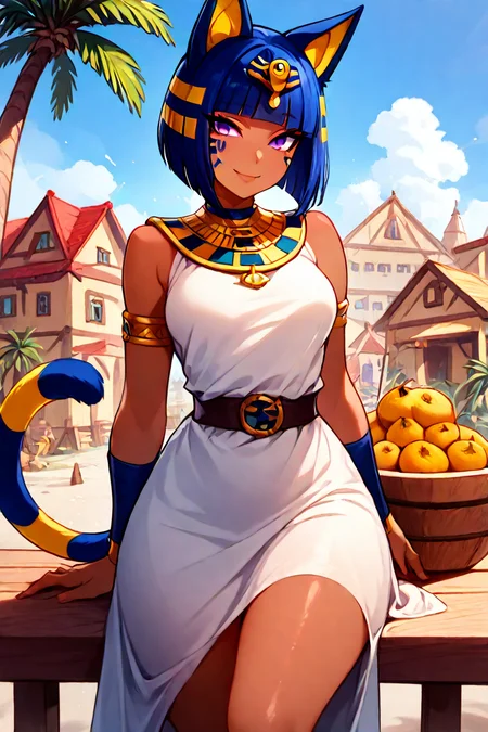 masterpiece, best quality, absurdres, medium breasts, (curvy), cute, eyelashes, vivid colors, BREAK, ,,, , ,,, zzAnkha, animal crossing, animal ears, armlet, bare shoulders, belt, blonde hair, blue hair, blunt bangs, blunt ends, bob cut, cat ears, cat girl, cat tail, cropped, daniel deng, dark skin, dress, eye of horus, eyelashes, eyes visible through hair, facial tattoo, humanization, purple eyes, shiny skin, short hair, slit pupils, tattoo, usekh collar, white dress , <lora:AnkhaIXL:1.0>, ,,, , ,,, sitting on bench, side view, smile, looking at viewer, cowboy shot, ,,, zzDelfinoPlaza, sky, day, cloud, blue sky, building, palm tree, small house, small fruit stand, pineapples, coconuts, <lora:Delfino_Plaza_SDXL_v2:0.8>, <lora:CatalystIXL:0.8>,