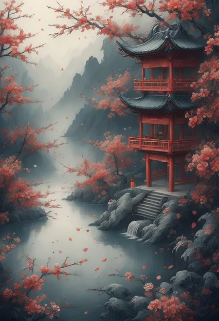 masterpiece,best quality,Chinese martial arts style,an asian night scene with lanterns and water lilies,asian pond with many lanterns and boatsa night scene with many lights and boats in the water, Lake surface, lotus flowers,beautiful night scene,(((Chinese martial arts style))), with vast sky, continuous mountains and steep cliffs, ink wash style, outline light, atmospheric atmosphere, depth of field, mist rising, bamboo, pine trees, octagonal stone pavilion, waterfall flowing water,big full moon,light color
