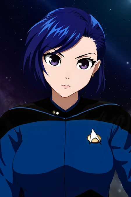 An anime-style portrait of a character wearing a blue TNGS1 uniform. The character has a sleek, futuristic look with sharp, defined features and expressive, large eyes that gleam with a hint of curiosity. Their hair is styled in a modern, dynamic cut, with vibrant blue streaks that complement the uniform’s color. The uniform itself is impeccably detailed, featuring the signature sleek, form-fitting design with high collar and Starfleet insignia prominently displayed on the chest. The background is a starry space scene with a subtle hint of a distant galaxy, creating a dramatic contrast that highlights the uniform’s deep blue hue. The overall composition captures the essence of both the anime aesthetic and the iconic Star Trek universe, blending futuristic elements with vibrant, animated charm. detailmaximizer<lora:detailed_flux_ntc:2.2><lora:aidmaImageUpgrader-FLUX-V0.1:0.65><lora:TNGS1_FLUX:1.2>
