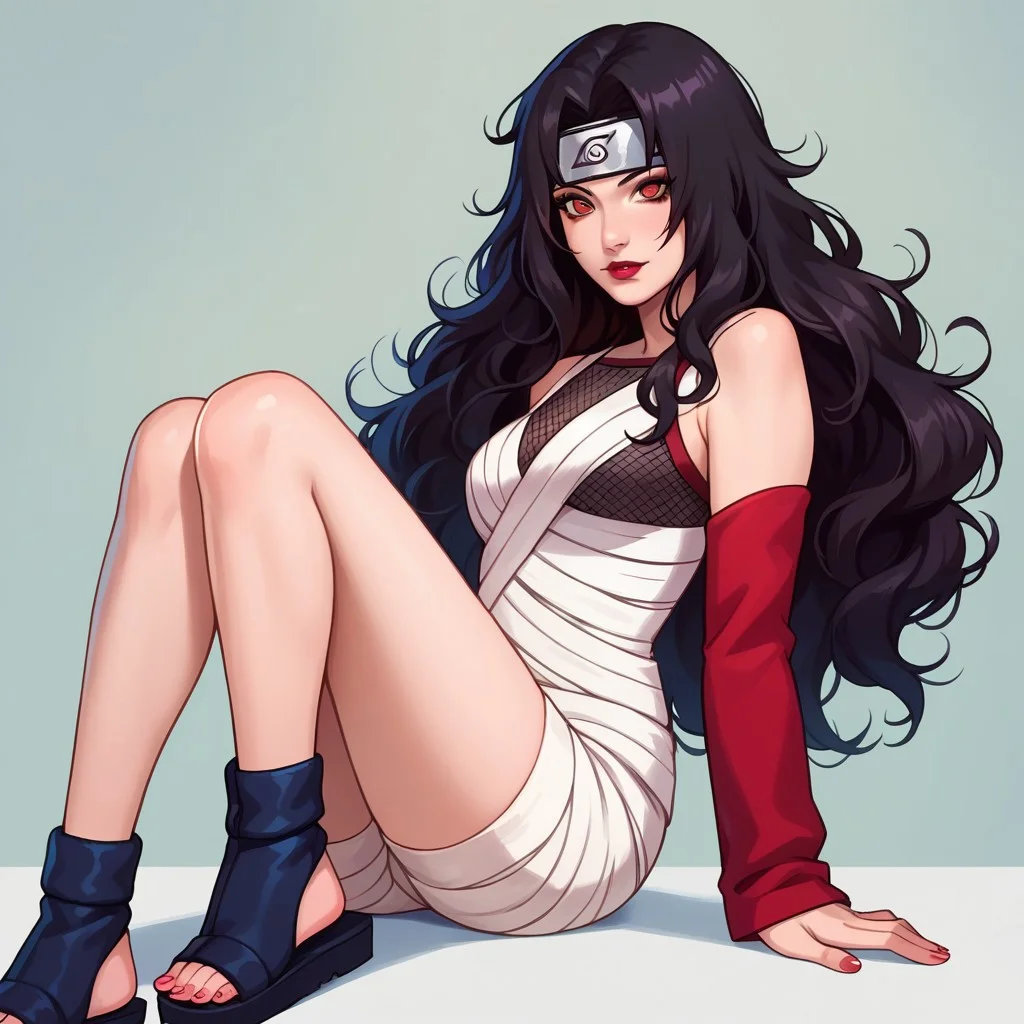 score_9, score_8_up, score_7_up, score_6_up, score_5_up, score_4_up, 1girl, slim, fit, realistic, beautiful eyes, kurenai, (/Naruto)/, (ultra HD quality details), black hair, wavy hair, long hair, (red eyes), lipstick, makeup, white dress, Sarashi, single sleeve, fishnet top, shorts, bandages, bandaged arm, bandaged leg, white shorts, sandals, toeless footwears, mouth opened, hiding, focusing on colorful beetle, portrait,