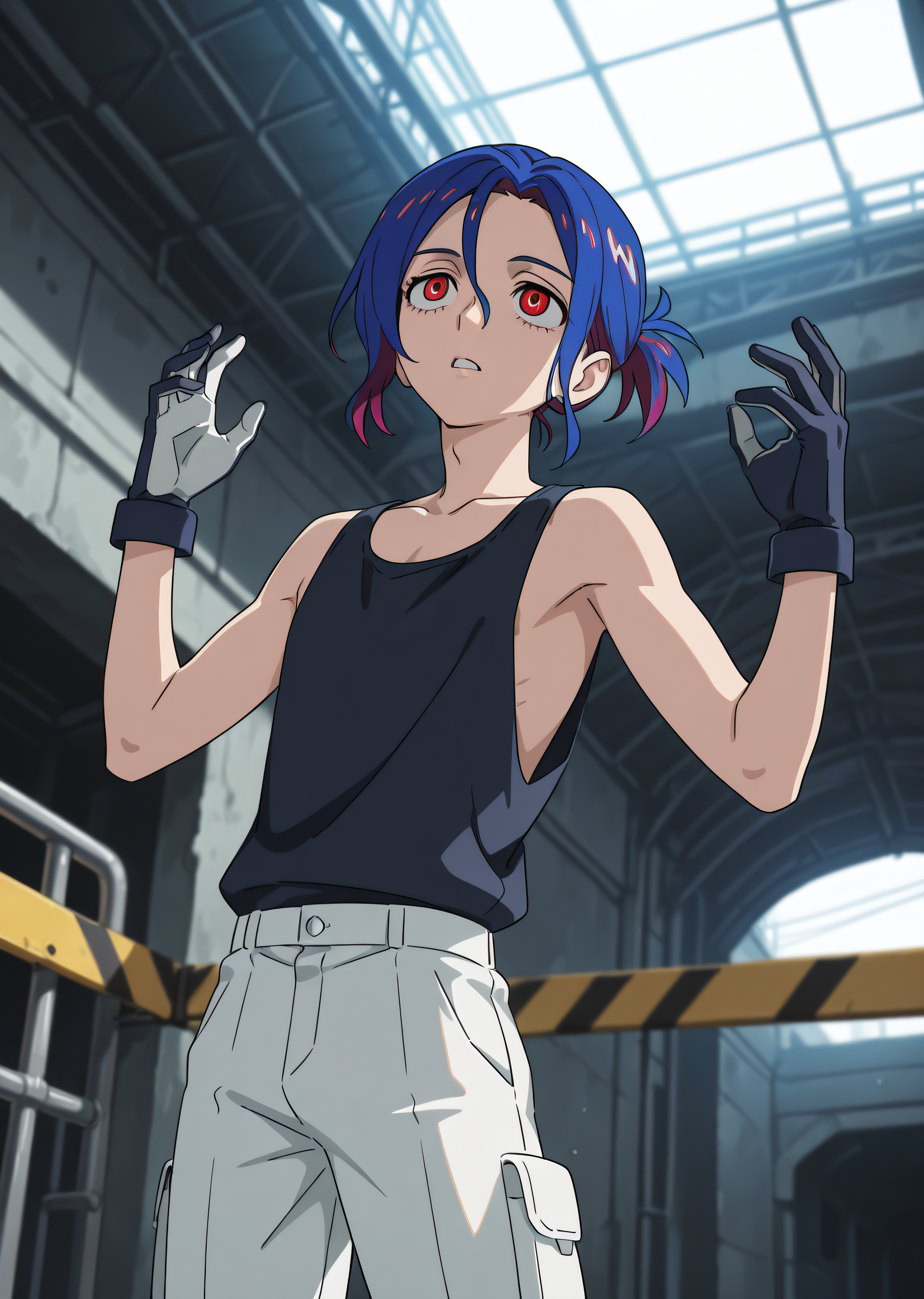 best quality, very aesthetic, absurdres, zPDXL, depth of field, volumetric lighting, BREAK
cowboy shot,
perfect face, ultra-detailed face, 
perfect eyes, detailed eyes,  
1boy, solo,
 <lora:shuji_ito:0.8>shujiito, red eyes, blue hair, short ponytail, hair between eyes, black tank top, white shirt, gloves, pants, white pants, white background,