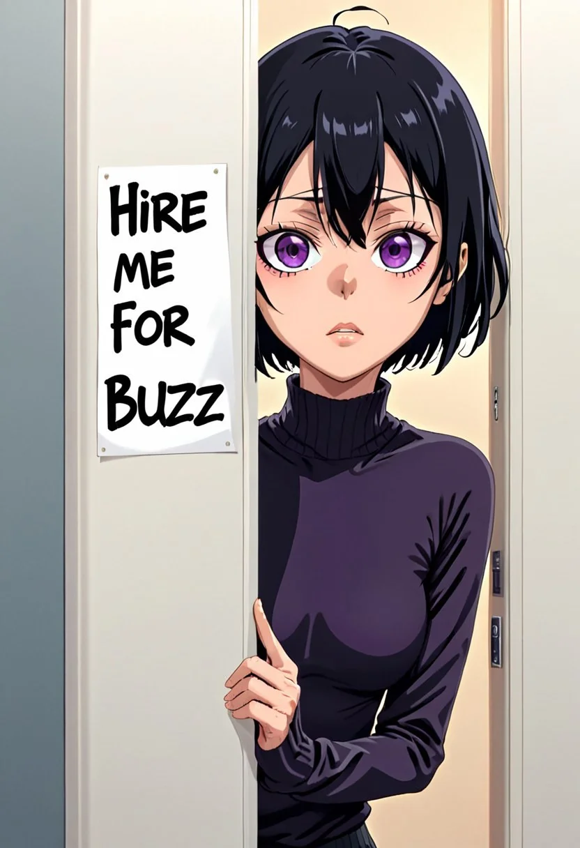 softnai3style, 1girl, rukia kuchiki, rukia, black hair, hair between eyes, purple eyes, short hair, thighs, petite breasts, petite, toned stomach, thick thighs, nice ass, lips, black leggings, textured leggings, black sports bra, exposed stomach, toned stomach, facing viewer, holding a sign saying Hire me for buzz,
Behind the door, peeking out, upper body, hiding behind door,