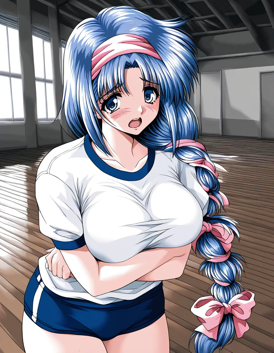 score_9, score_8_up, score_7_up, source_anime, rating_explicit, BREAK <lora:Nikaidou_Honoka_XL:1> NikaidouHonoka, blue hair, long hair, large breasts, pink hairband, blue eyes, pink hair ribbon, single braid,
dark blue buruma, blush, white gym uniform, cowboy Shot, sad,
open mouth, cross arm,
looking at viewer,
cowboyShot,
flooring, room,