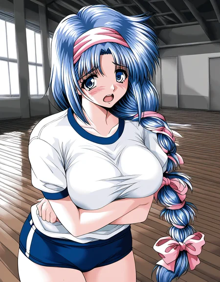 score_9, score_8_up, score_7_up, source_anime, rating_explicit, BREAK  <lora:Nikaidou_Honoka_XL:1> NikaidouHonoka,  blue hair, long hair, large breasts, pink hairband, blue eyes, pink hair ribbon, single braid,
dark blue buruma, blush, white gym uniform,  cowboy Shot,  sad,
open mouth, cross arm,
looking at viewer, 
cowboyShot, 
flooring, room,