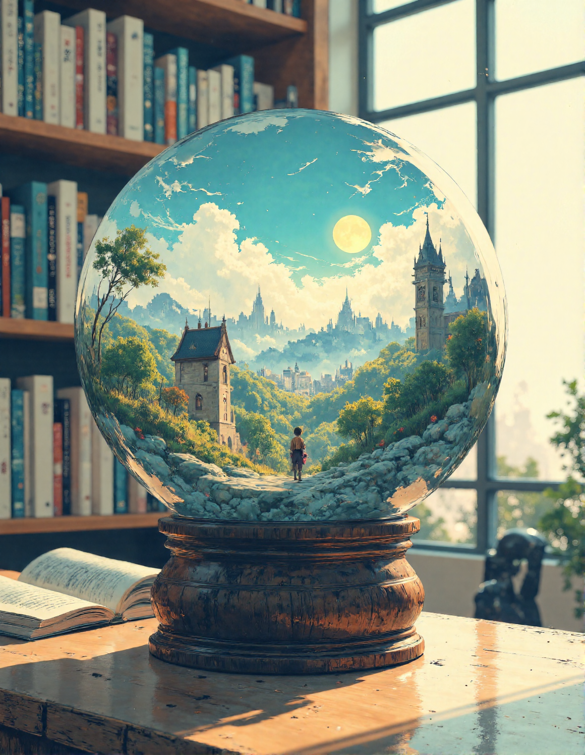 Crystal ball containing a miniature village: A large, clear crystal ball rests on an ornate wooden base, positioned among rows of books on a bookshelf. Inside the sphere, a miniature village with traditional Japanese-style houses, lush trees, and winding paths is visible. The scene is bathed in warm sunlight coming from a window. Focus on the intricate details of the miniature village and the distortion of the image through the sphere. Anime/Miyazaki-esque style, <lora:aidmaMJ6.1_v0.5_3:0.7>, <lora:ìë¬µí:1>