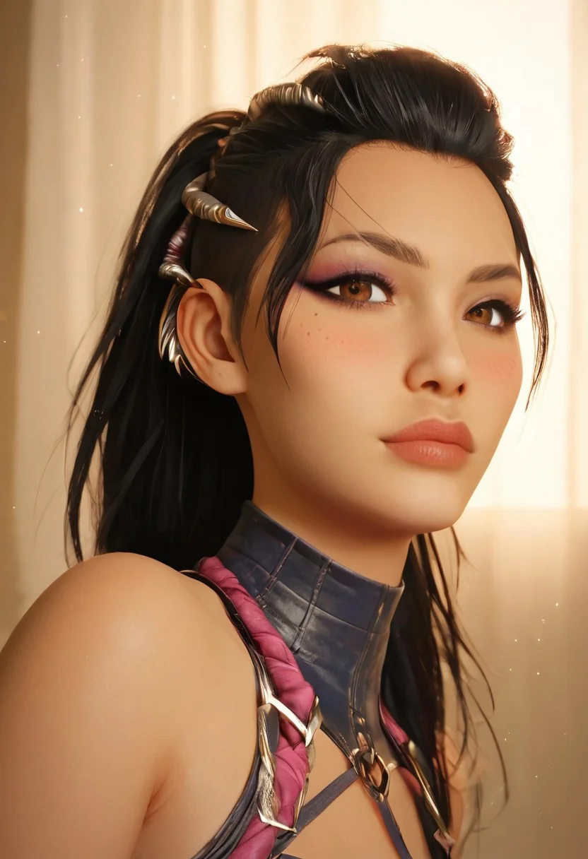 score_9, score_8_up, score_7_up, source_anime, sexy 22 year old girl sexy posing, mileenaxl, mileenaxl,black hair,ponytail,brown eyes, medium natural breasts, hair ornament,neck wear, sleeves, masterpiece, cinematic lighting, hot, sitting,  cute eyes, 5300k, hyperdetailed photography, eye contact, white curtains in background, black bodysuit, cute, sexy, flushed, blushing, godrays, bokeh:1.2, sexy expression, seductive face, head tilted slightly down, seductive, look at viewer, perfect eyes, detailed face, face focus, blurred background, detailed eyes. light makeup,
