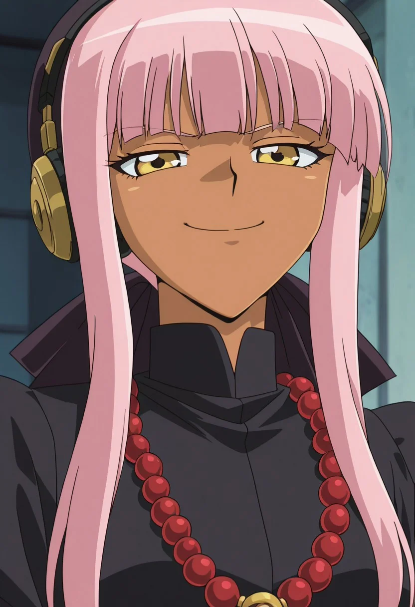 score_9,score_8_up,score_7_up,source_anime, 4k resolution <lora:anime_screencap-Illustrious:1>,anime screencap, solo, amazing quality,very aesthetic,absurdres,best quality,newest,masterpiece, 1girl, solo, teenager, pink hair, gold eyes, yellow eyes, dark-skinned, dark skinned female, smug, sour expression, annoyed, bandana, beads, black dress, dress, prayer beads, headphones, portrait,