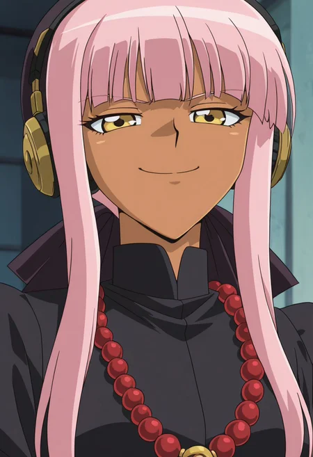 score_9,score_8_up,score_7_up,source_anime, 4k resolution <lora:anime_screencap-Illustrious:1>,anime screencap, solo, amazing quality,very aesthetic,absurdres,best quality,newest,masterpiece, 1girl, solo, teenager, pink hair, gold eyes, yellow eyes, dark-skinned, dark skinned female, smug, sour expression, annoyed, bandana, beads, black dress, dress, prayer beads, headphones, portrait,