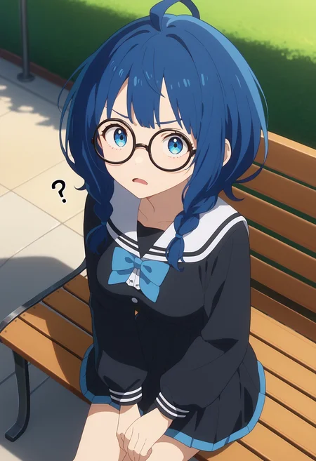 score_9, score_8_up, score_7_up, anime screencap, source_anime, 1girl, solo,
<lora:Anna_Yanami_Makeine_V2:.85>, KJOanna, blue hair, blue eyes, medium hair, ahoge, 
black serafuku, braided twintails, black round eyewear, long sleeves, 
open mouth, confused, from above, looking at viewer, sitting, bench,
courtyard, outdoors, 
(Beautiful, medium Breasts:1.2),