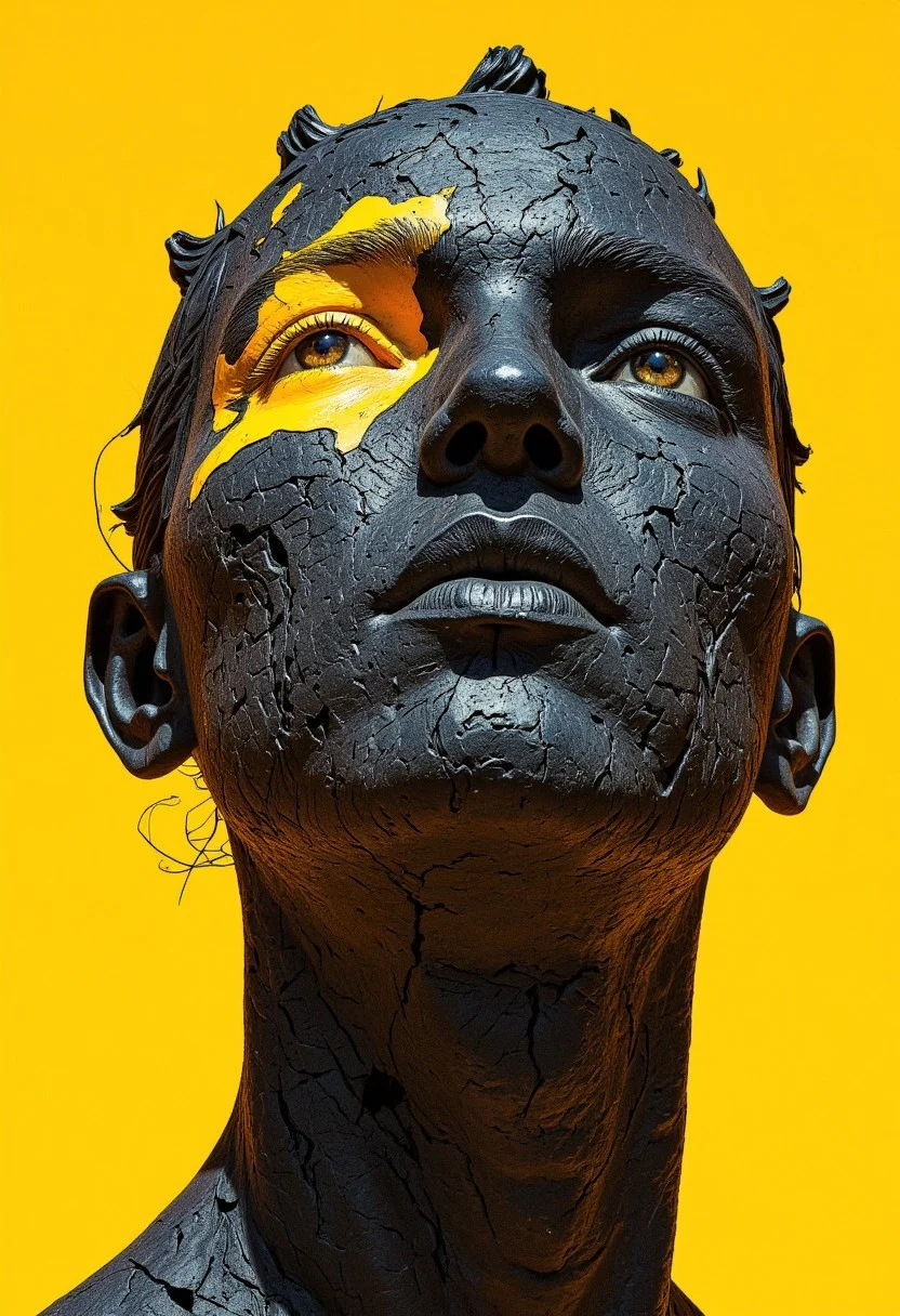 A highly detailed 
antique Close-up head sculpture made of dark stone with a textured surface, executed in a minimalist style. One side of the face is highlighted with a bright yellow graphic element reminiscent of paint. The background is pure yellow, contrasting with the deep black color of the sculpture