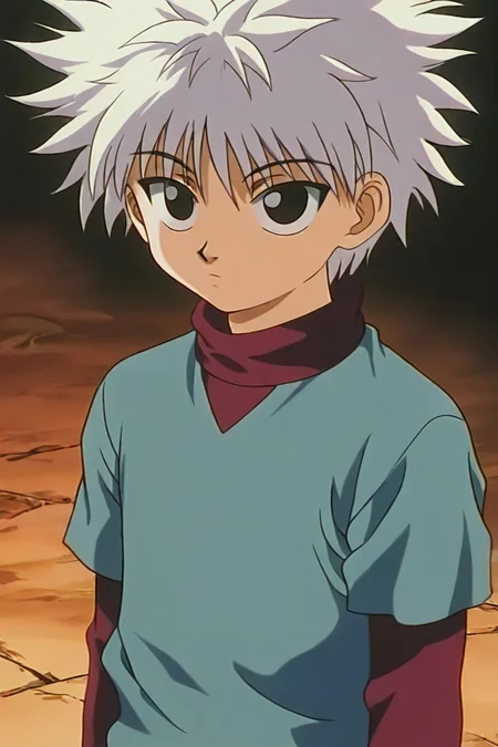 (killua zoldyck:0.5), white hair, black eyes, shirt, long sleeves, layered sleeves, spiked hair, short over long sleeves, white shirt, short hair, short sleeves, bangs, turtleneck, blue shirt, grey shirt, upper body,  1boy,  solo, alone,<lora:hunter_x_hunter_1999_style_illustriousXL:1>, hxh_1999_style, masterpiece