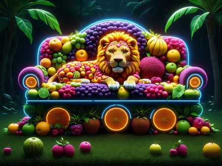 mad-frts, fruits, grass ,neon,lion sleeping on coach in the jungle, <lora:Neon_Fruits_Style_SDXL:0.6>, (masterpiece:1.2), best quality, (hyperdetailed, highest detailed:1.2), high resolution textures