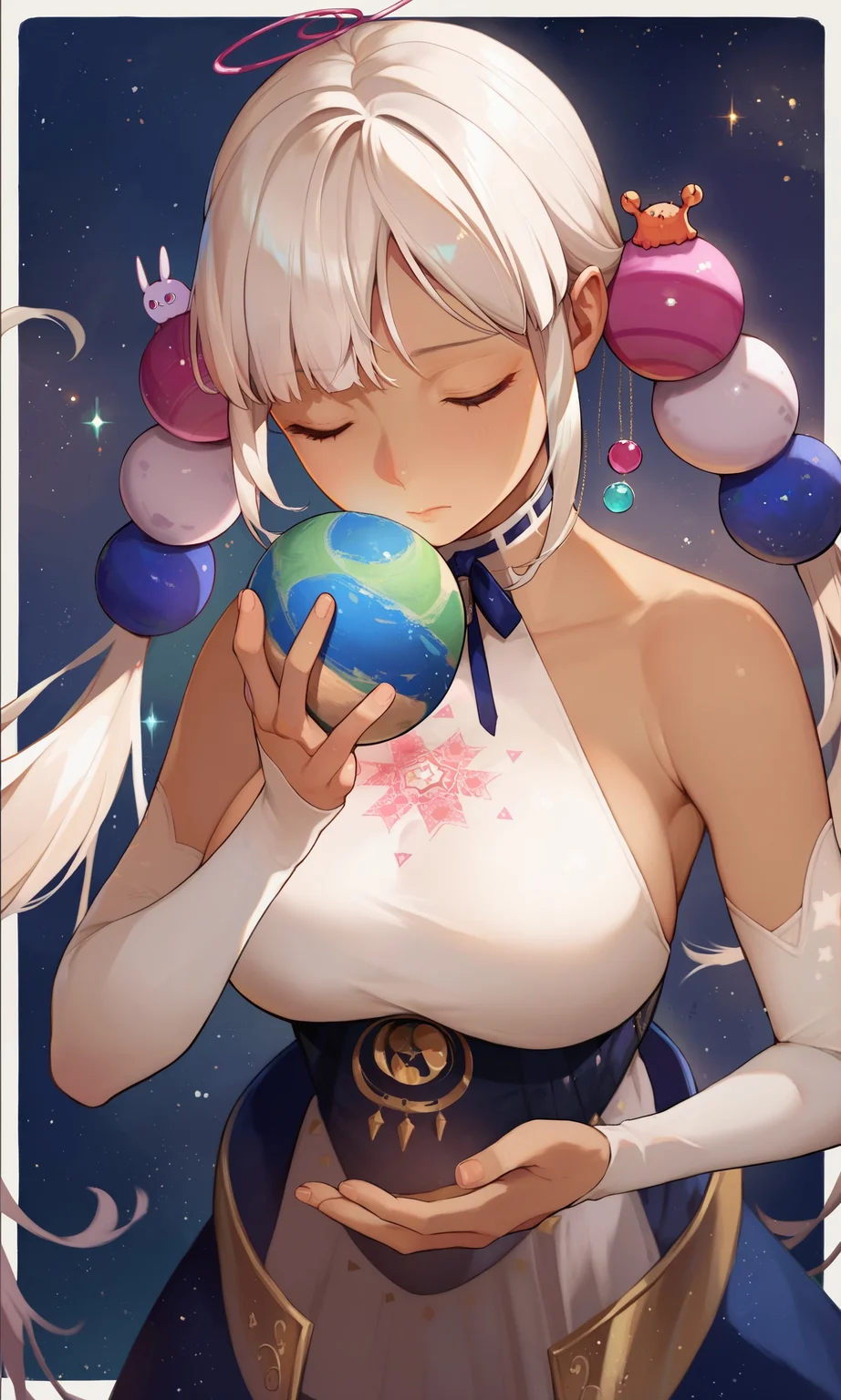 score_9, score_8_up, score_7_up, score_6_up, score_5_up, score_4_up, source_anime, BREAK 1girl, solo, tsukumo_sana, light brown hair, hair ornament, twintails, dark-skinned female, bare shoulders, (large breasts:0.8), starry sky, space, holding planet, galaxy, closed eyes, looking down, <lora:tsukumo_sana-000150:1.0>