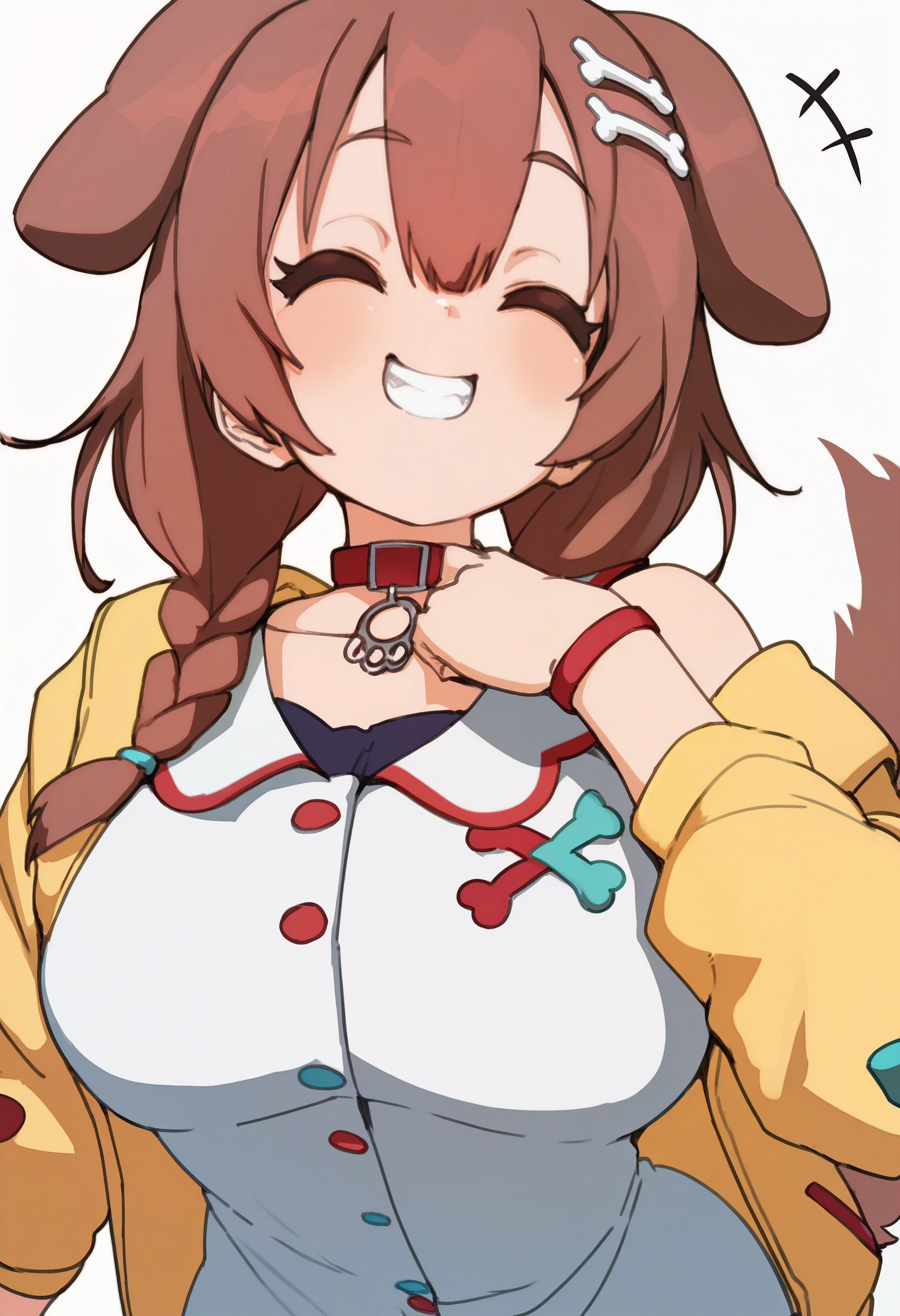1girl, solo, inugami korone, white background, simple background, smile, yellow cardigan, white shirt, long sleeves, 
masterpiece, best quality, <lora:naze-guy90-Illust-Lycorisv1:1> anezan
