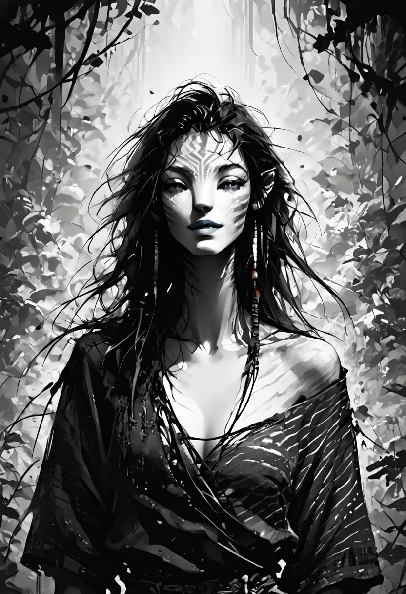 score_9, score_8_up, score_7_up, source_anime, monochromemuse, Expressiveh, monochrome, greyscale, ink splatter, (Avatar navi alien with white skin and black stripes), primitive revealing tunic made of vines and leaves, off shoulder, cleavage, parted lips, light smile, vibrant blue lipstick,