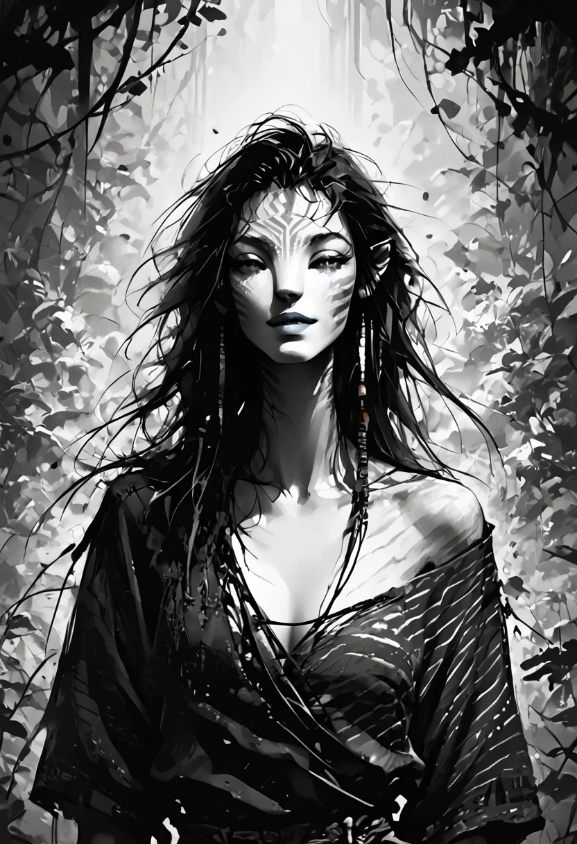 score_9, score_8_up, score_7_up, source_anime, monochromemuse, Expressiveh, monochrome, greyscale, ink splatter, (Avatar navi alien with white skin and black stripes), primitive revealing tunic made of vines and leaves, off shoulder, cleavage, parted lips, light smile, vibrant blue lipstick,