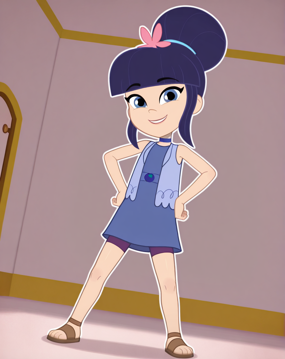 Blueberry_Muffin, 1girl, solo, dark blue hair, very big bun, flat bangs, light skin, blue-grey eyes, light blue hair tie, light pink flower, dark blue choker, summer outfit, sleeveless dress, blue  dress, purple shorts, light blue vest, brown sandals, (smile, dutch angle, Hands on hips,naughty pose, looking at viewer, indoors, elegant room, solo, dynamic pose, full_body, head tilt,),((white background, White frame, white outline))