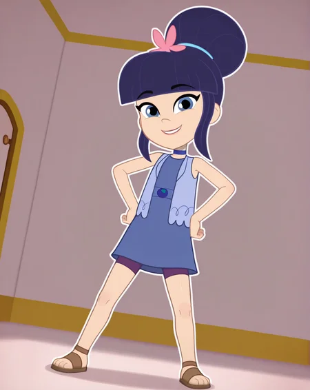 Blueberry_Muffin, 1girl, solo, dark blue hair, very big bun, flat bangs, light skin, blue-grey eyes, light blue hair tie, light pink flower, dark blue choker, summer outfit, sleeveless dress, blue dress, purple shorts, light blue vest, brown sandals, (smile, dutch angle, Hands on hips,naughty pose, looking at viewer, indoors, elegant room, solo, dynamic pose, full_body, head tilt,),((white background, White frame, white outline))