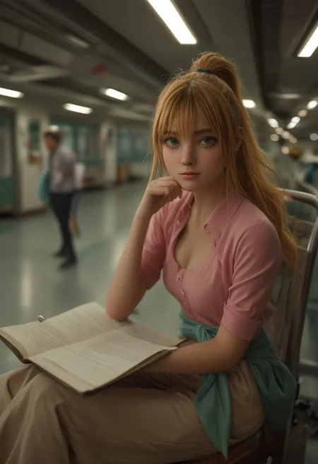 score_9, score_8_up, score_7_up, source_anime, soohyun yoo, long hair, bangs, yellow hair, green eyes, ponytail,, shirt, cleavage, pants, clothing cutout, cleavage cutout, pink shirt, clothes around waist, airport, waiting area, suitcase, flight delayed, reading book, , sitting, elbow rest, table,, looking at viewer, solo,
