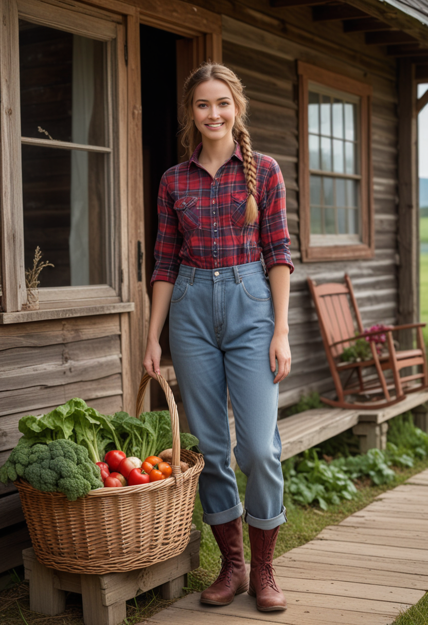 (medium full shot) of (rustic farmer) young woman, canadian, tan skin, hazel eyes, slender build, long red single braid hair,  wearing a plaid shirt, cargo pants, leather shoes, holding a basket of vegetables, set in  Farmhouse, rustic structure with a wraparound porch, wooden rocking chairs, flower boxes under the windows, weathered wooden door, large barn nearby, in the afternoon, woman smiling, Masterpiece,best quality, photo, realistic, very aesthetic, detailed face,