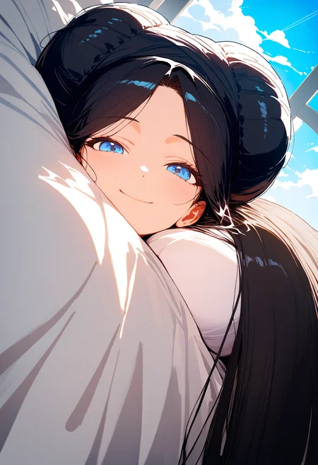 masterpiece, high score, great score, absurdres, year 2024
blue sky, clouds, sunshine, day
bedroom
(portrait, close-up:1.2)
lying on bed
smile, closed mouth, 
1girl, blue eyes, (black hair:1.0), parted bangs, straight hair
(gigantic hair bun:1.3), singled hair bun
medium breasts, white pantyhose, white pajamas