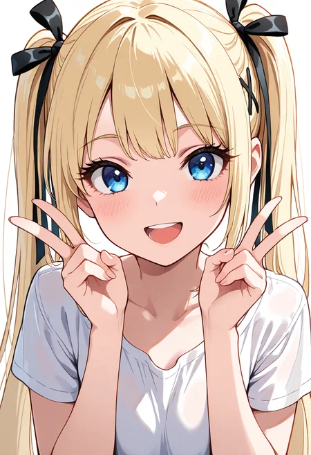 masterpiece, best quality, 1girl, solo, eyelashes, (beautiful eyes), <lora:MarieRoseIXL_v2:1.0>, zzMarie, blue eyes, blonde hair, hair ornament, hair ribbon, long hair, twintails, very long hair, x hair ornament, (upper body), white shirt, smile, teeth, :D, v,
