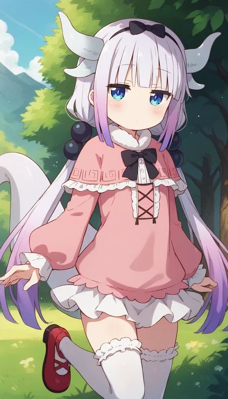 score_9,score_8_up,score_7_up,score_6_up BREAK official art,solo,outdoors,upper body,(portrait:1.5),looking at viewer,facing viewer,blush,expressionless,deadpan,jitome,Kanna Kamui,female child,dragon horns,very long hair,white hair,gradient hair,light purple hair,low twintails,hair beads,hair ornament,black hairband,hair bow,black bow,blunt bangs,blue eyes,frilled capelet,pink dress,microdress,short dress,long sleeves,puffy sleeves,flat chest,white skirt,thighs,tail,zettai ryouiki,frilled thighhighs,white thighhighs,red footwear,<lora:Kanna Kamui(mkdm)-Pony:1.2>,