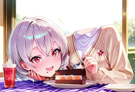 Masterpiece, ultra-detailed, best quality, 8K, absolutely eye-catching,
1girl, solo, silver hair, red eyes, slender body, shy smile, sitting on a picnic blanket in a meadow with flowers. She puts her disembodied head aside. She picks up a small piece of a cake with a fork and puts it into her mouth. Wears white shirt, red checkered skirt, beige cardigan, 1chocolate cake slice, 1plate of salmon, fork, drinking cups.,
vibrant colors, aesthetic, portrait, bokeh, headless, head on the blanket, open mouth, holding a fork, eating cake with fork, headless, disembodied head, putting disembodied head aside