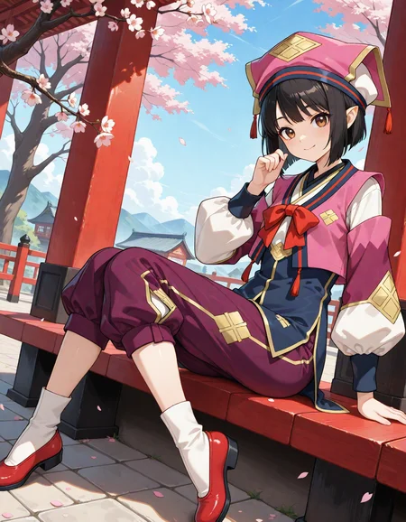 1girl,
very awa, yukumokonaha, brown eyes, black hair, short hair, pointy ears, konahaclothes, pink headwear, pants, purple pants, puffy pants, red bowtie, puffy sleeves, white socks, red shoes, tassel, cherry blossoms, sitting, dynamic angle, full body, puffy short sleeves, hat, bow, black belt, collared shirt, vest, smile, hand up, white headwear, shirt, purple vest, looking at viewer, solo, shoes, bowtie, belt, red bow, arm support, socks, closed mouth, short sleeves, mob cap,
masterpiece, best quality, newest, highres, absurdres, general
<lora:NoobV065sHyperDmd:1> <lora:YukumoKonaha_IXL:1>