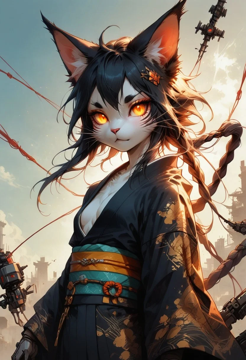 score_9, score_8_up, (( furry cat cute petite young)) ,black fur, character focus:1.1, (dynamic angle:1.2), high resolution, 8k, sharp, a cute girl, cute eyes, detail eyes, (kimono, japanese clothes:1.2), (small breasts), (sagging breasts:0.6), slender, (pale skin:0.8), black hair, long hair, braid, cowboy shot, (dutch angle:1.2), dynamic pose, god rays, light, gold and black skin, sky, advntr, reelmech, mechanical parts, cable, wires, machinery, joints, body suit, glowing, glowing eyes, black hair, <lora:RM_MechArmor_v1.8:0.7> Power Suit, Advanced Gear , Futuristic, dark mood, low key, cinematic